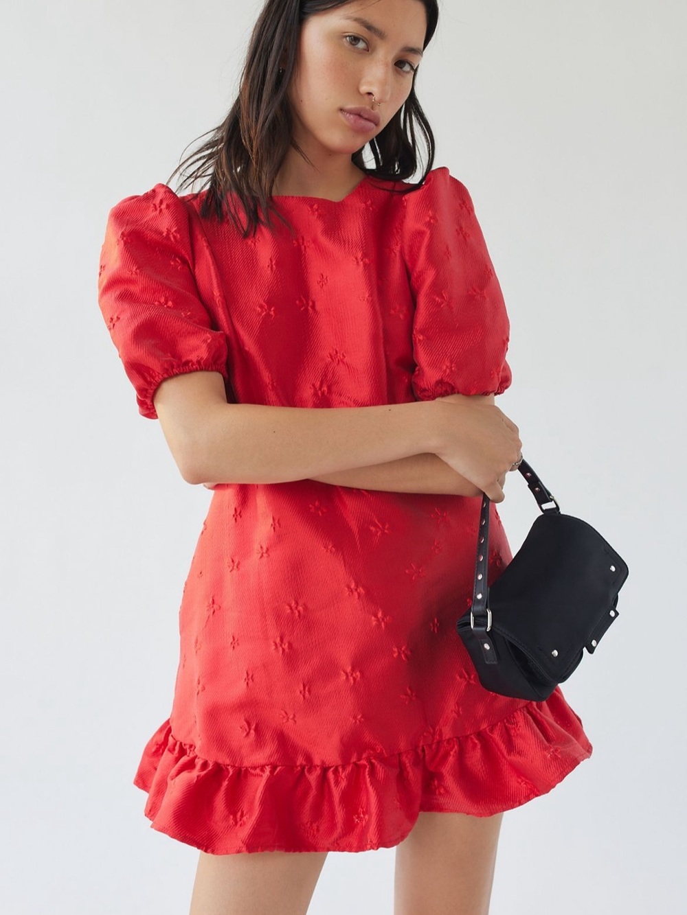 Urban Outfitters Red Textured Puff-Sleeve Mini Dress